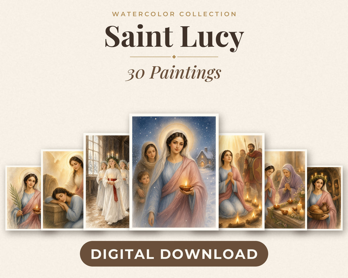 30 Saint Lucy of Syracuse Watercolor Paintings - Life of St Lucy Catholic Wall Art Bundle, Santa Lucia December 13