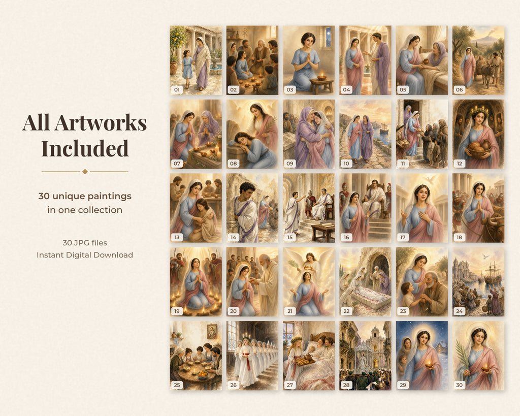 30 Saint Lucy of Syracuse Watercolor Paintings - Life of St Lucy Catholic Wall Art Bundle, Santa Lucia December 13