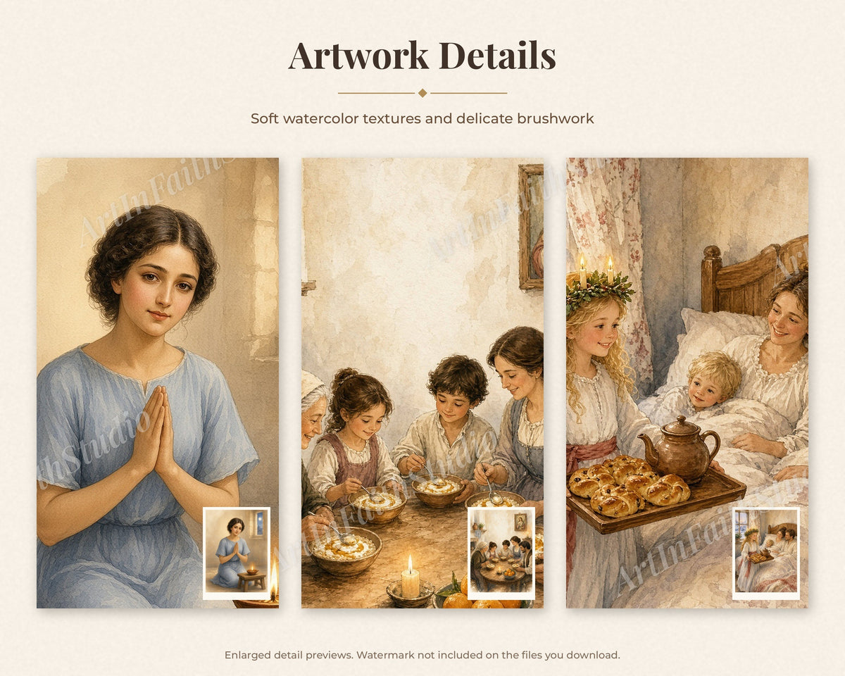 30 Saint Lucy of Syracuse Watercolor Paintings - Life of St Lucy Catholic Wall Art Bundle, Santa Lucia December 13