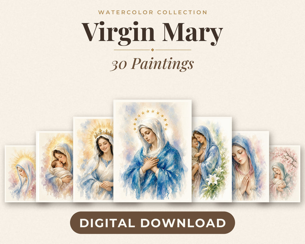 Exclusive Collection of 30 Virgin Mary Paintings - Tender Watercolor Portraits of Mother Mary in Everyday Life, Instant Download