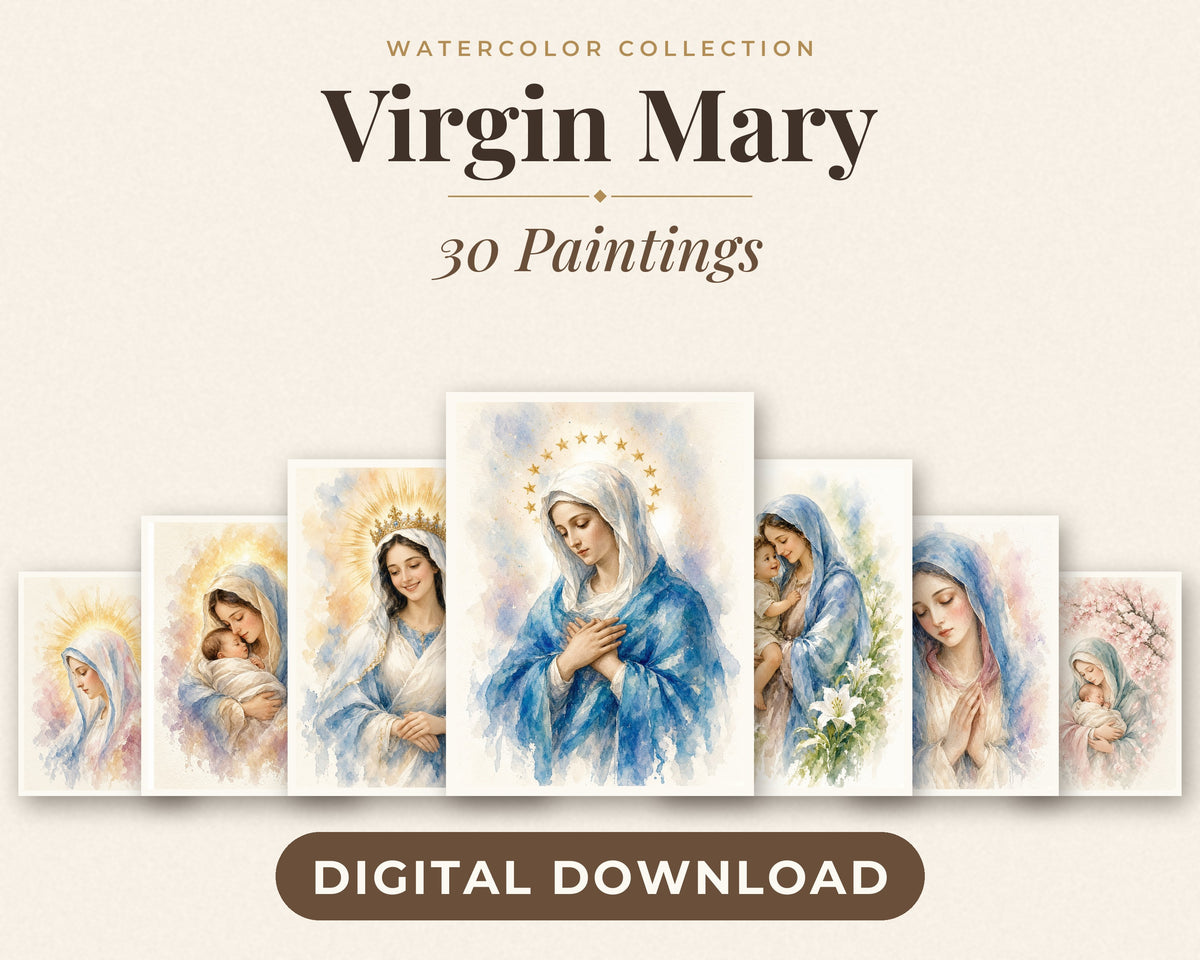 Exclusive Collection of 30 Virgin Mary Paintings - Tender Watercolor Portraits of Mother Mary in Everyday Life, Instant Download