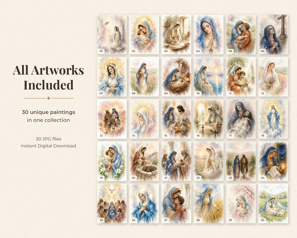 Exclusive Collection of 30 Virgin Mary Paintings - Tender Watercolor Portraits of Mother Mary in Everyday Life, Instant Download