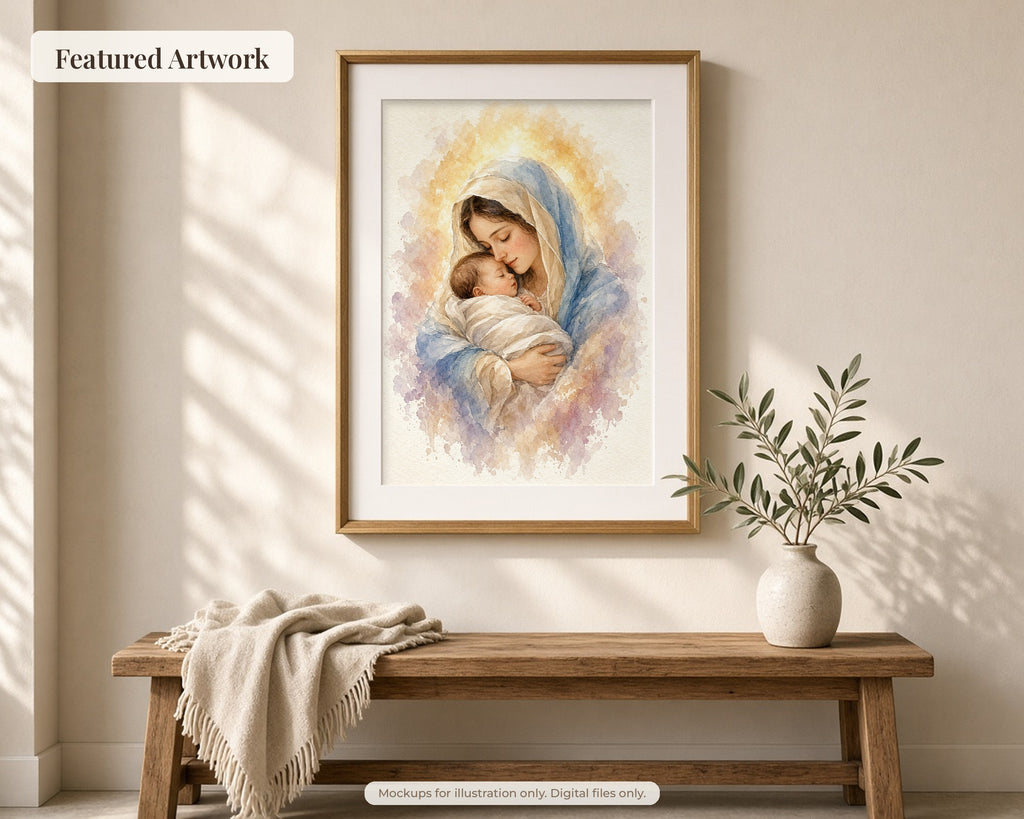 Exclusive Collection of 30 Virgin Mary Paintings - Tender Watercolor Portraits of Mother Mary in Everyday Life, Instant Download