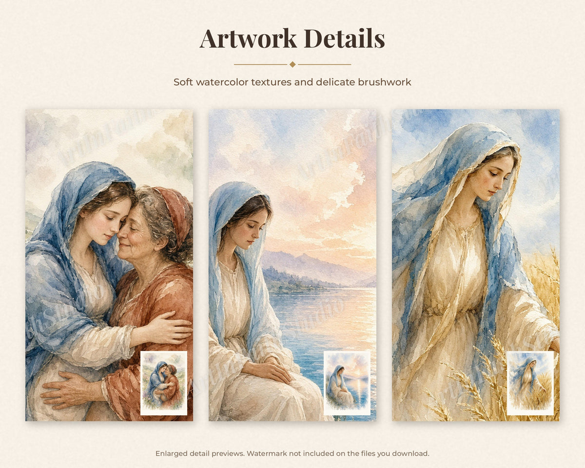Exclusive Collection of 30 Virgin Mary Paintings - Tender Watercolor Portraits of Mother Mary in Everyday Life, Instant Download
