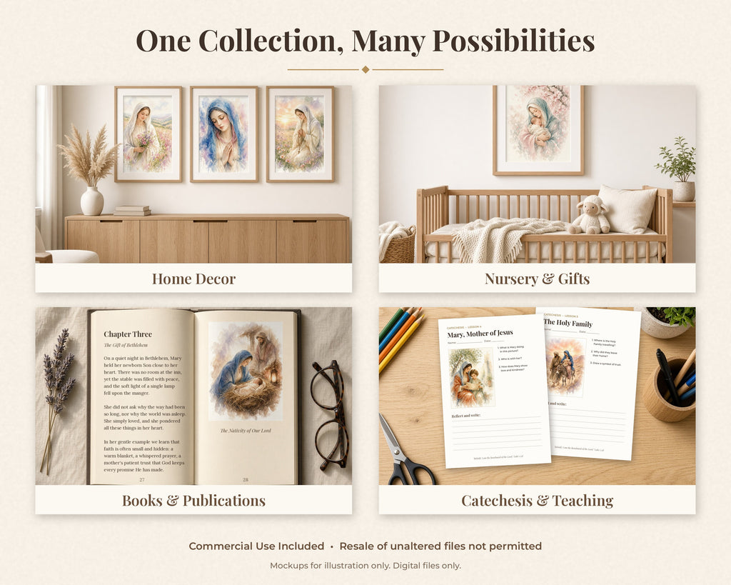 Exclusive Collection of 30 Virgin Mary Paintings - Tender Watercolor Portraits of Mother Mary in Everyday Life, Instant Download