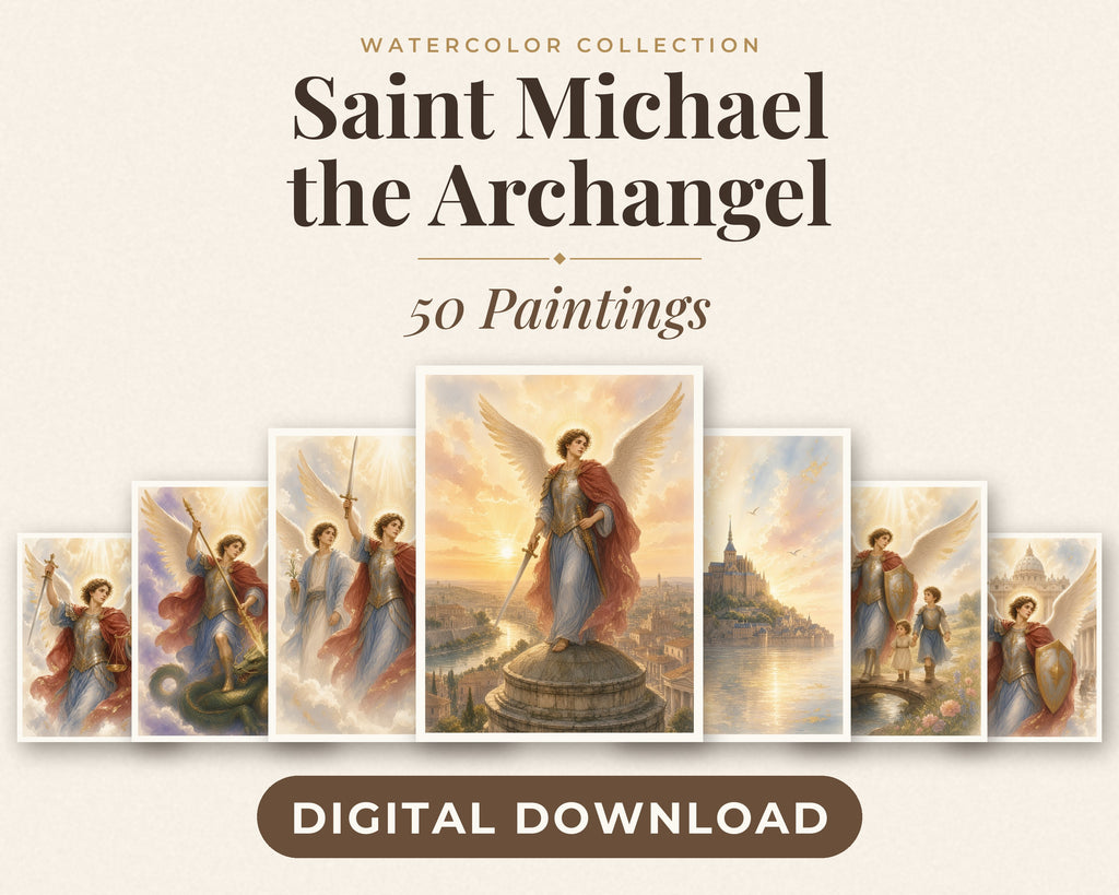 50 Saint Michael the Archangel Watercolor Paintings - St Michael Life & Legends, Catholic Angel Wall Art Bundle, Michaelmas