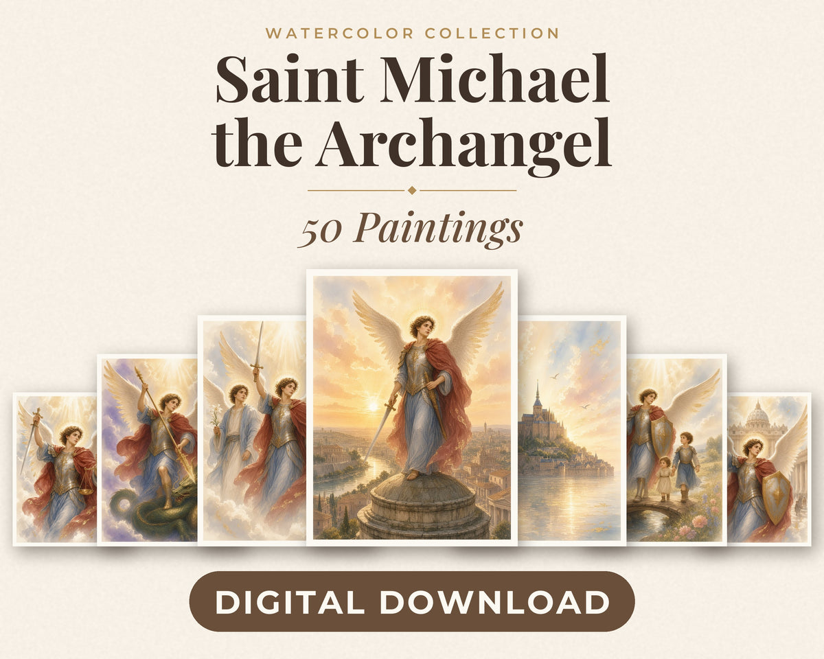 50 Saint Michael the Archangel Watercolor Paintings - St Michael Life & Legends, Catholic Angel Wall Art Bundle, Michaelmas