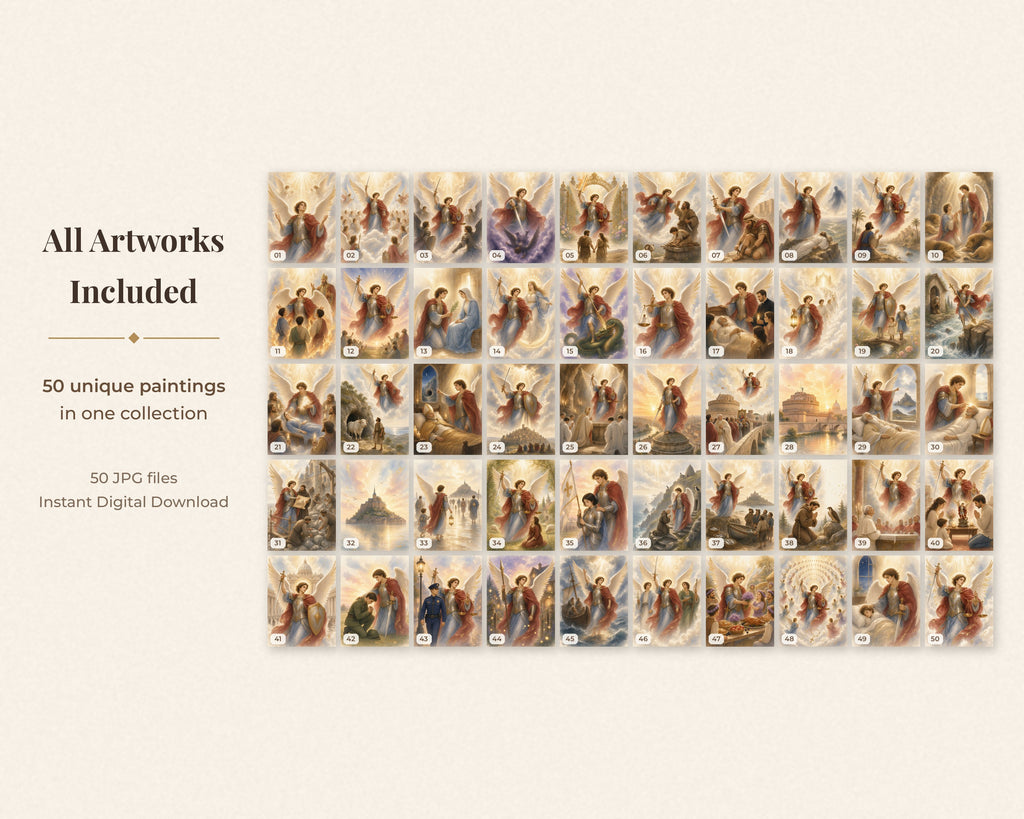 50 Saint Michael the Archangel Watercolor Paintings - St Michael Life & Legends, Catholic Angel Wall Art Bundle, Michaelmas