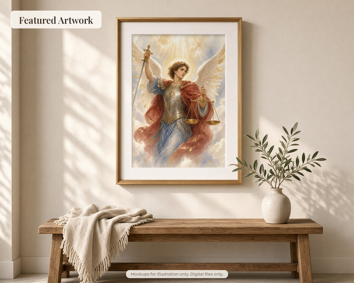 50 Saint Michael the Archangel Watercolor Paintings - St Michael Life & Legends, Catholic Angel Wall Art Bundle, Michaelmas