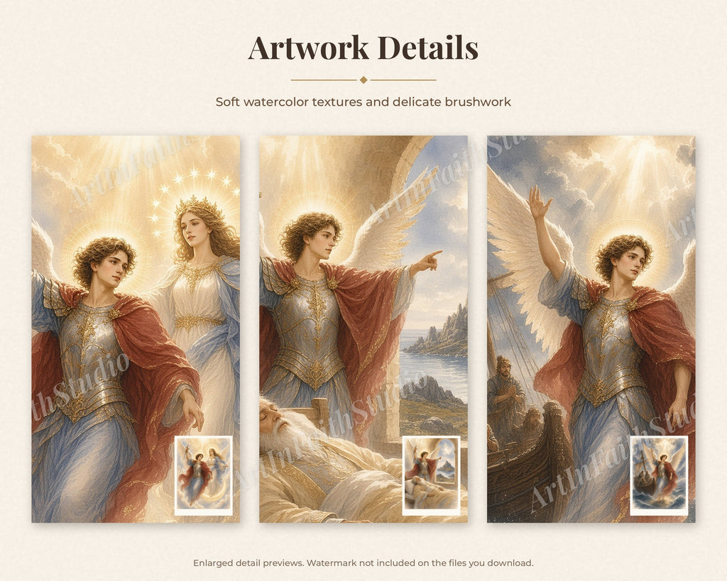 50 Saint Michael the Archangel Watercolor Paintings - St Michael Life & Legends, Catholic Angel Wall Art Bundle, Michaelmas