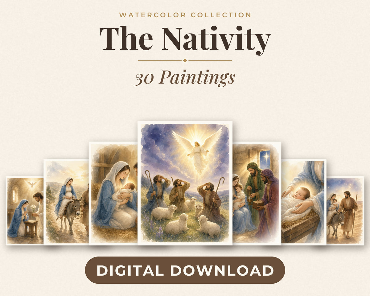 30 Nativity Story Watercolor Paintings - Birth of Jesus Christmas Catholic Wall Art Bundle, Instant Download