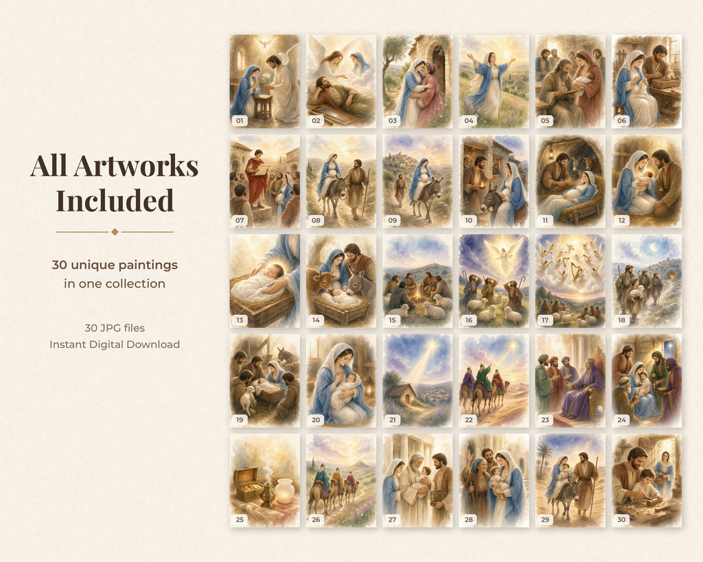 30 Nativity Story Watercolor Paintings - Birth of Jesus Christmas Catholic Wall Art Bundle, Instant Download