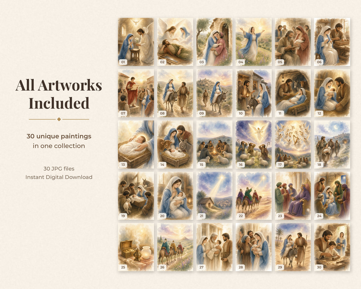 30 Nativity Story Watercolor Paintings - Birth of Jesus Christmas Catholic Wall Art Bundle, Instant Download
