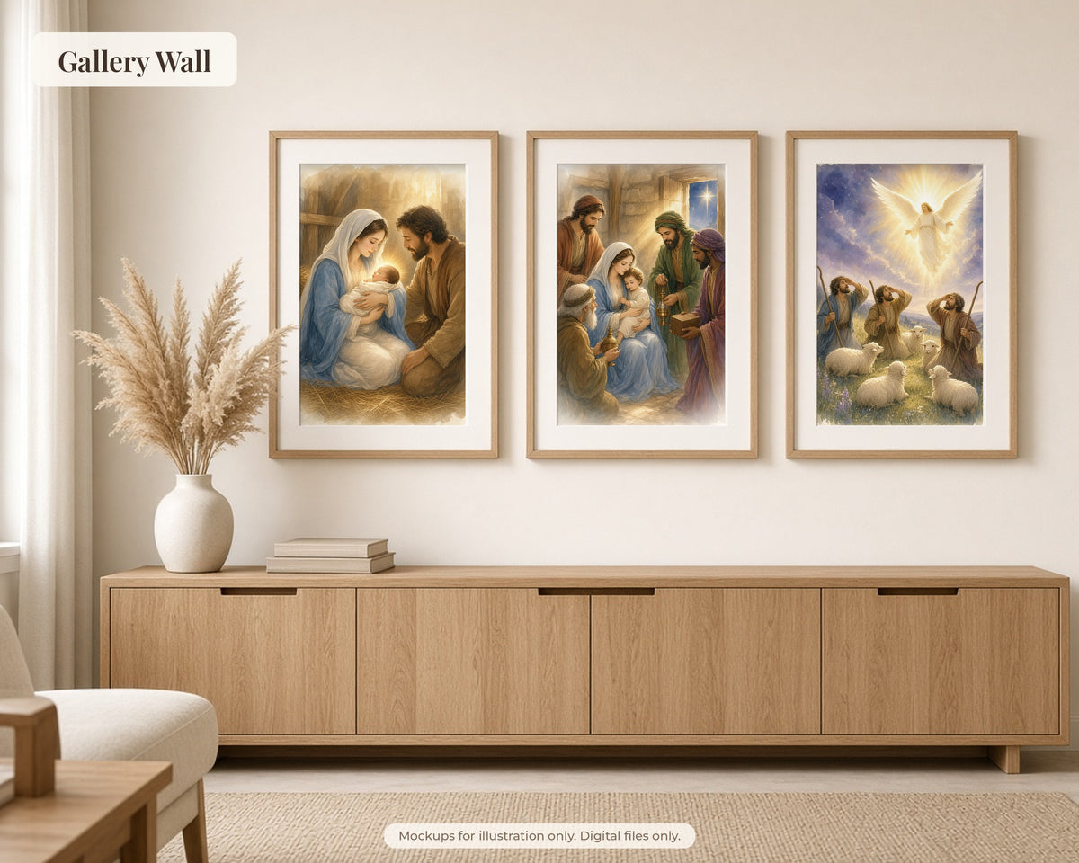 30 Nativity Story Watercolor Paintings - Birth of Jesus Christmas Catholic Wall Art Bundle, Instant Download