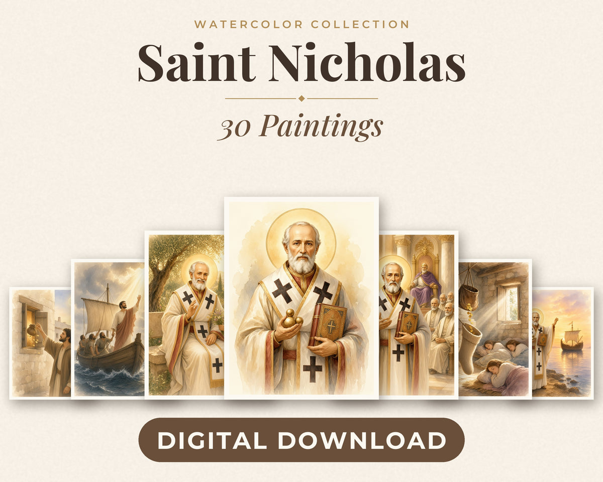 30 Saint Nicholas of Myra Watercolor Paintings - Life of St Nicholas Catholic Orthodox Wall Art Bundle, December 6