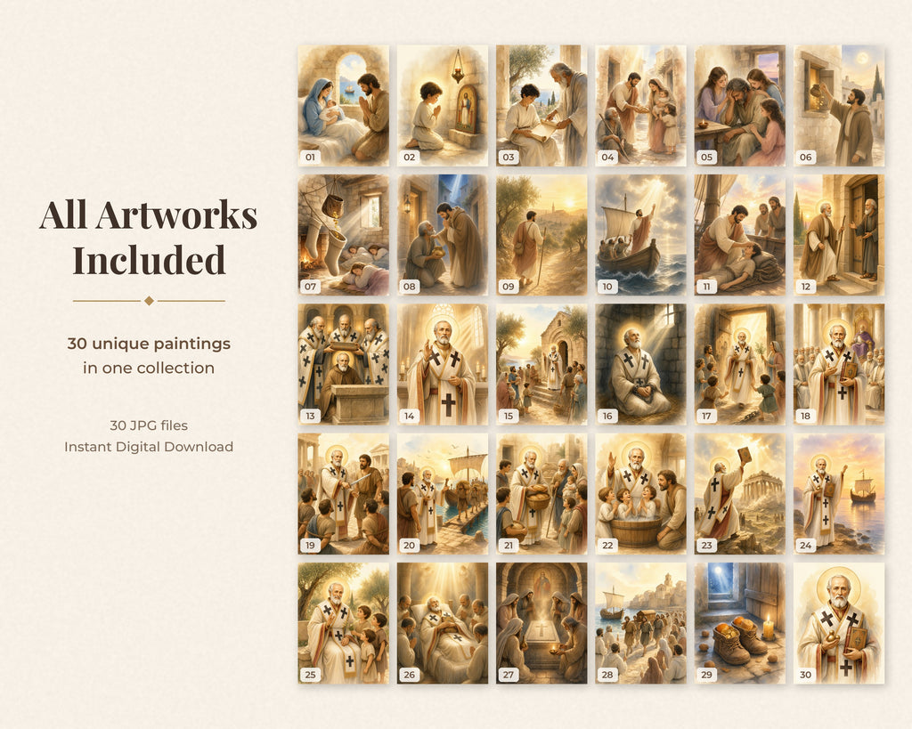 30 Saint Nicholas of Myra Watercolor Paintings - Life of St Nicholas Catholic Orthodox Wall Art Bundle, December 6