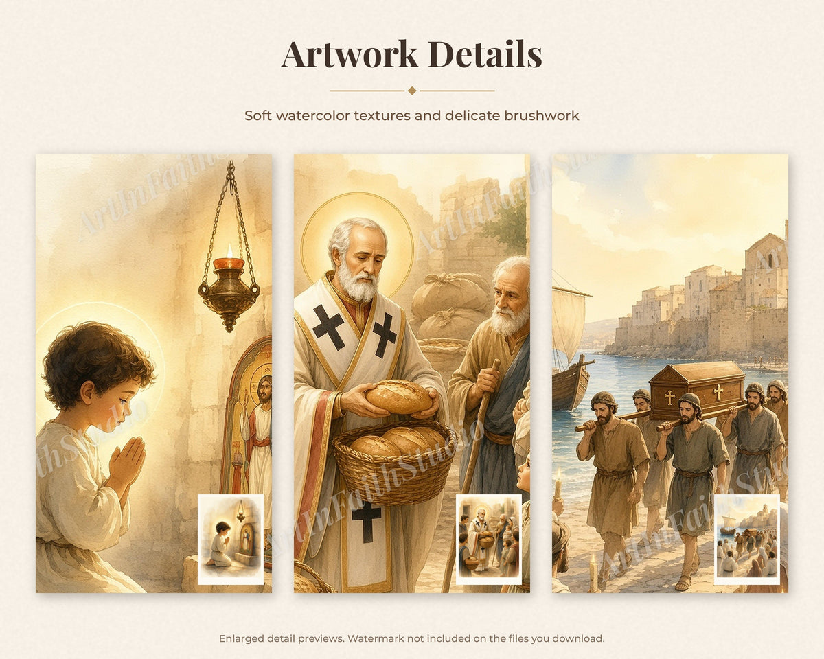 30 Saint Nicholas of Myra Watercolor Paintings - Life of St Nicholas Catholic Orthodox Wall Art Bundle, December 6