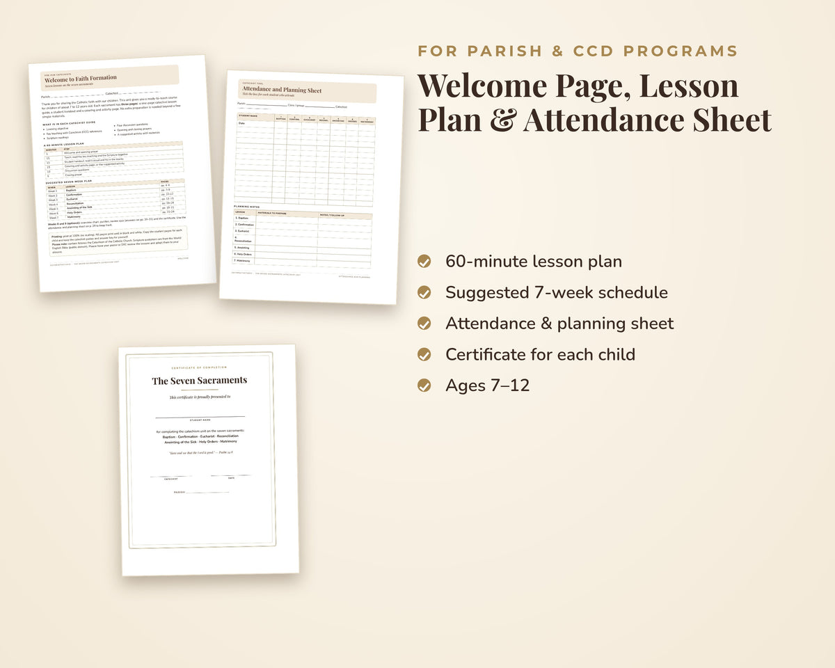 Seven Sacraments Catechism Lesson Plans for Catechists - Catholic Worksheets for Kids, CCD Religious Education, Parish Faith Formation