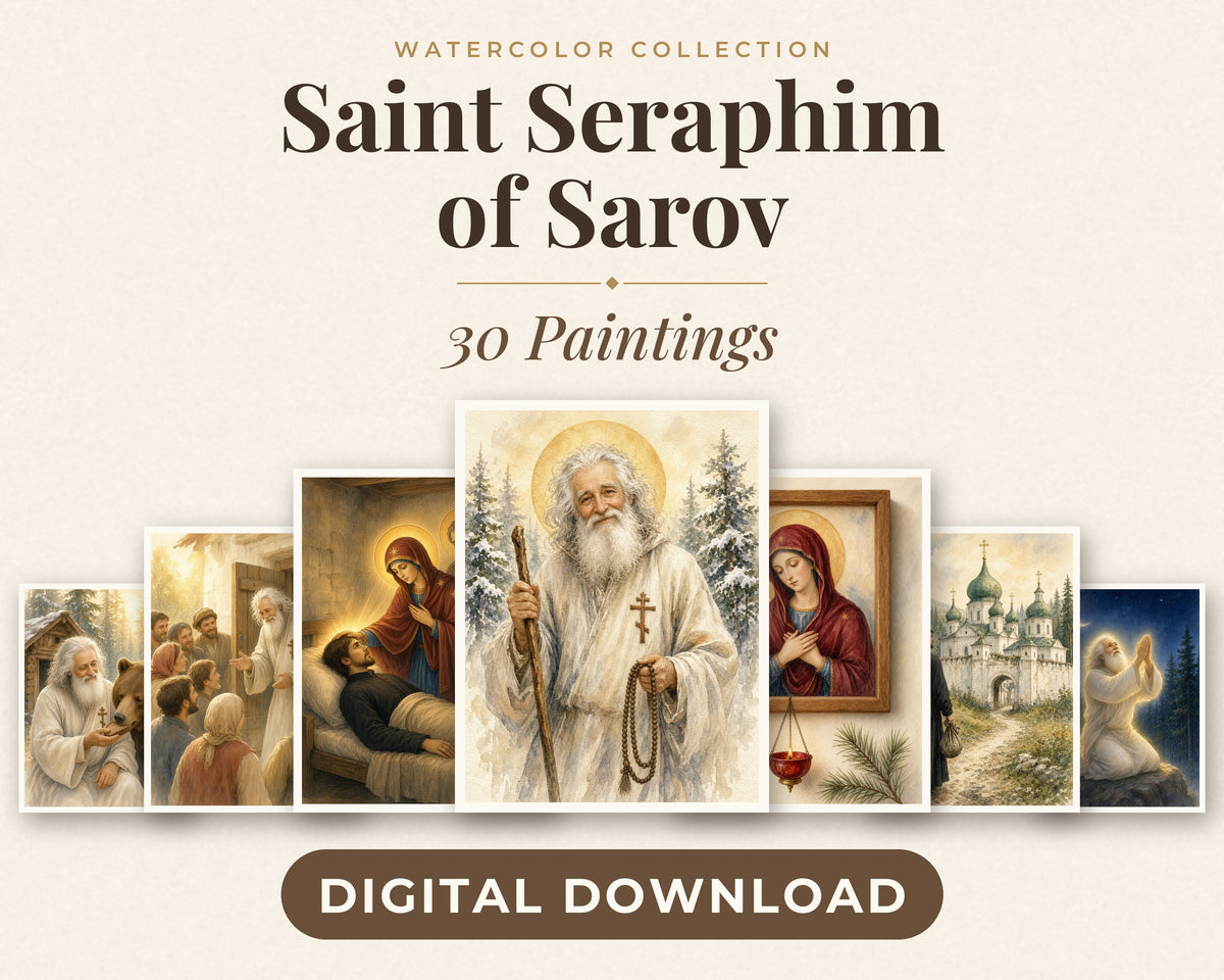 30 Saint Seraphim of Sarov Watercolor Paintings - Orthodox Saint Life Wall Art Bundle, Russian Icon Style Prints, Digital Download