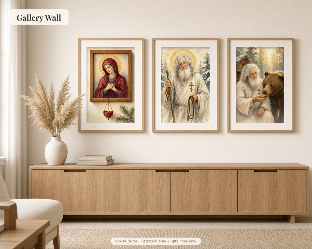 30 Saint Seraphim of Sarov Watercolor Paintings - Orthodox Saint Life Wall Art Bundle, Russian Icon Style Prints, Digital Download