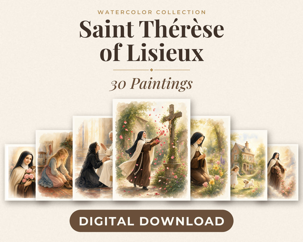 30 St Therese of Lisieux Watercolor Paintings - Little Flower Carmelite Saint Wall Art Bundle, Catholic Printable